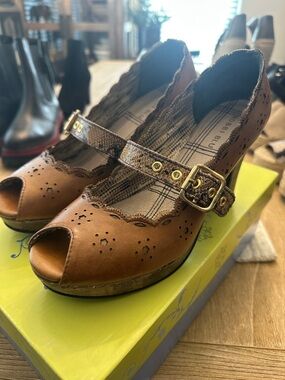 Bobbi Blue Prior Peep-Toe Mary Jane Heels in Brown with Decorative Buckle